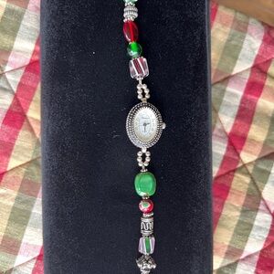 Geneva brand Silver, Red and Green Beaded Women's Watch Bracelet. Christmasy